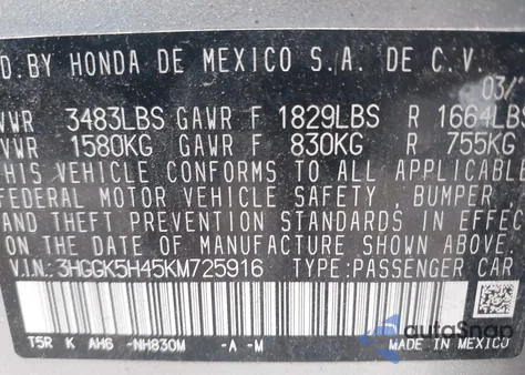 2019 Honda Fit Lx z USA, uszkodzony, nr VIN 3HGGK5H45KM725916